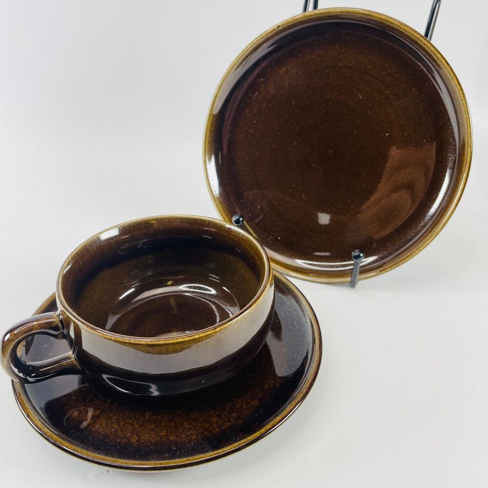 VTG Russel Wright Steubenville American Modern MCM Brown Cup Saucer Plate Lot